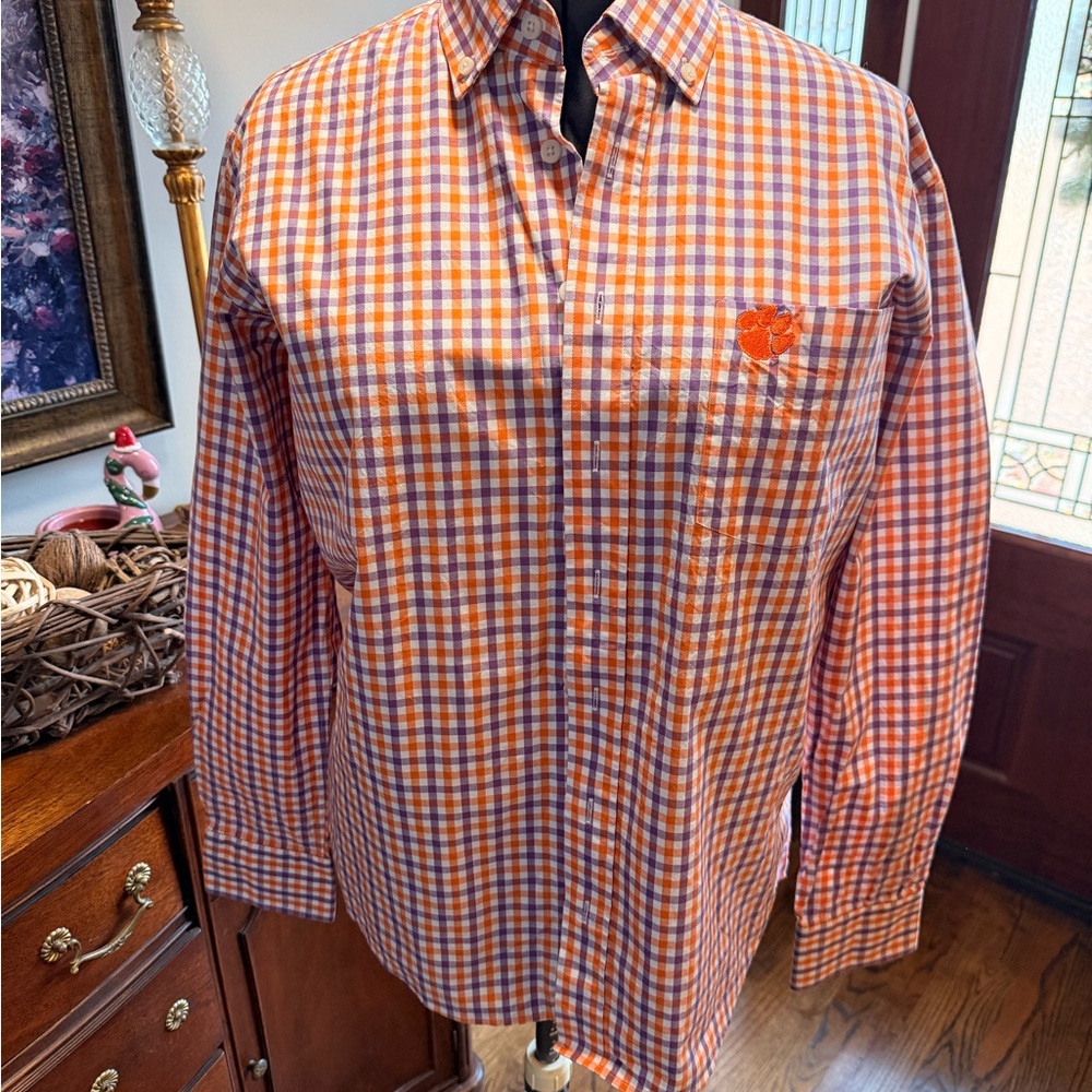 Pennington & Bailes CLEMSON Orange and White Plaid Men's Shirt